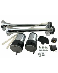 LOUD DUAL TWIN TRUMPET TRAIN AIR HORN SYSTEM KIT CAR TRUCK SUV 12V CHROME COLOR