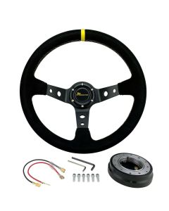 350mm JDM Deep Dish Racing Suede Steering Wheel & Low Pro Quick Release Hub Kit