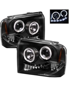 2 Piece Left & Right Side Black LED Halo Projector Headlights For 2005-2007 Ford F250 F350 F450 Superduty