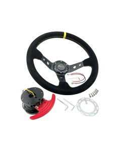 JDM 350mm Deep Dish Race Suede Alloy Steering Wheel & FLIP UP Quick Tilt Release